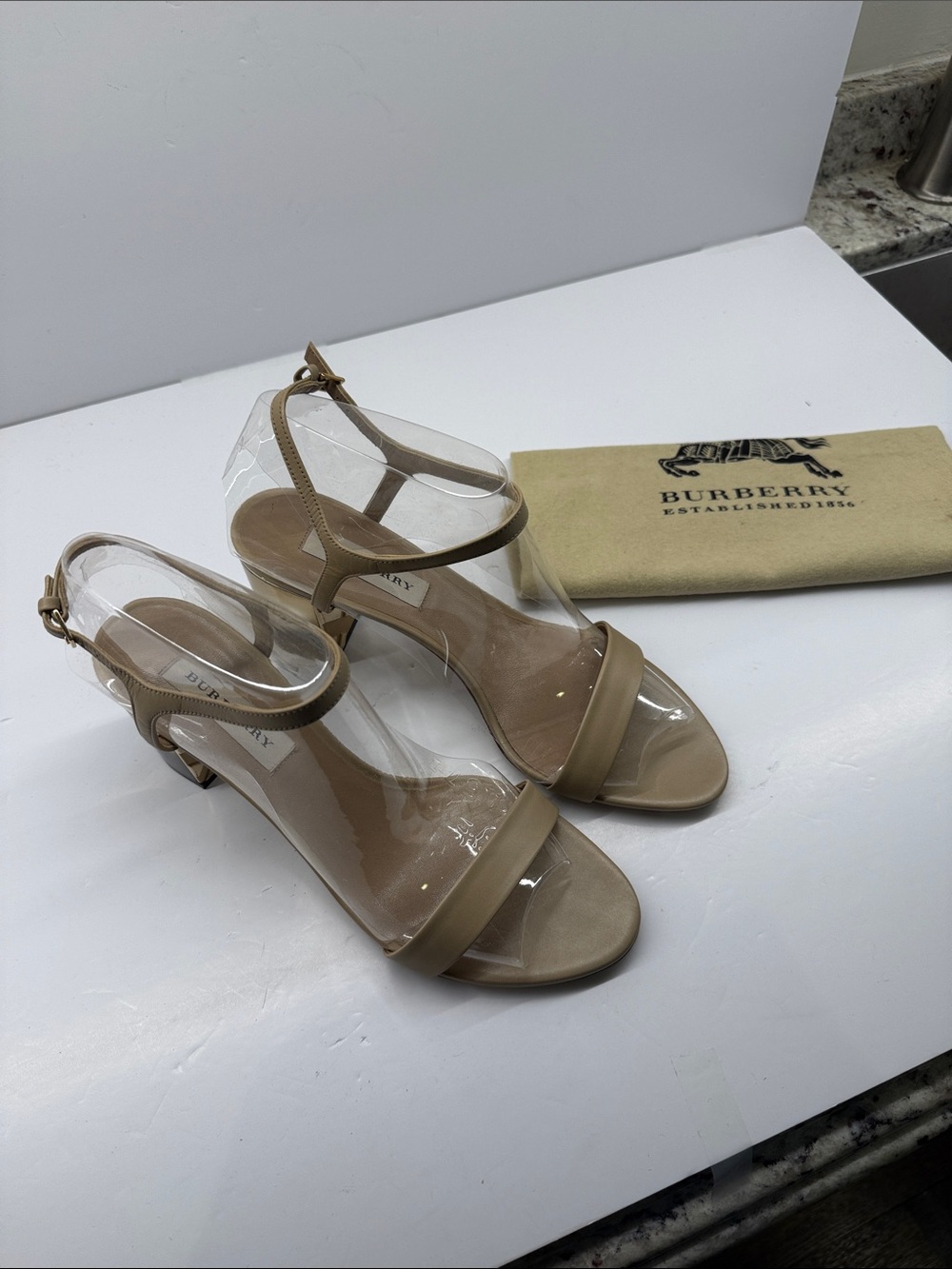 Burberry Nude Beige Clear-Strap Mid Heel Sandals